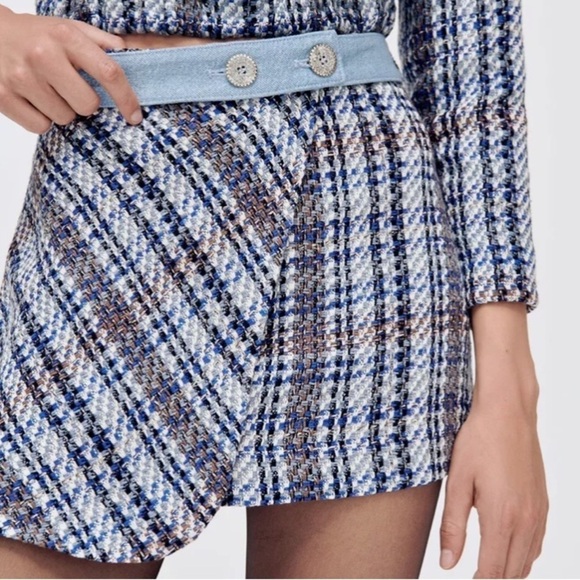 Zara Blue Tweed Textured Mini Skirt Contrast Denim Belt Size S - Picture 2 of 5